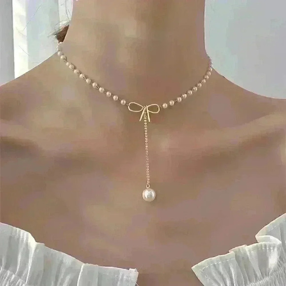 White Faux Pearls Beads Y-Shaped Necklace - Picture 1 of 4